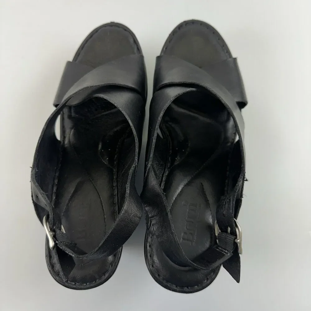 Born Emmy II Platform Slingback Sandal Black‎ Leather Buckle Straps Womens 10